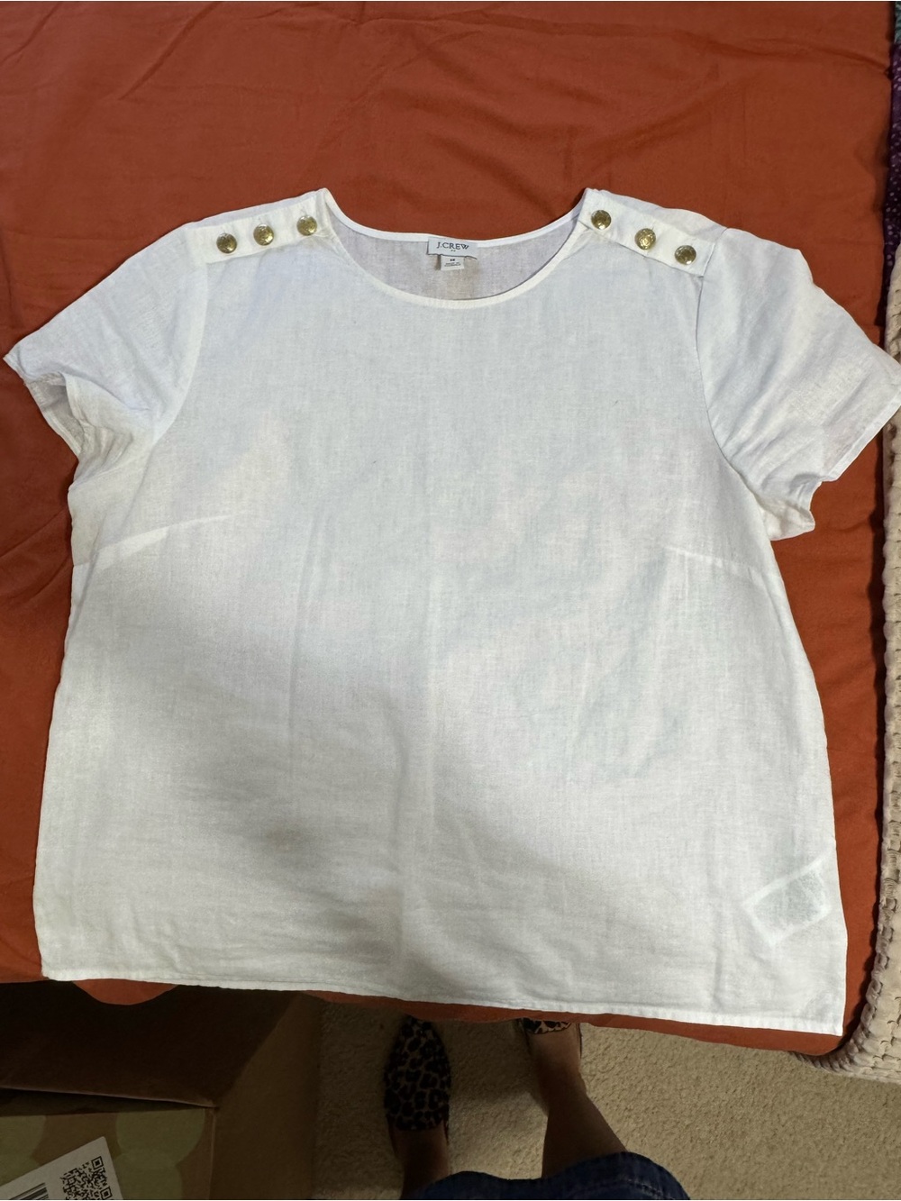 J. Crew White Short-Sleeve Linen Tee with Gold Shoulder Buttons